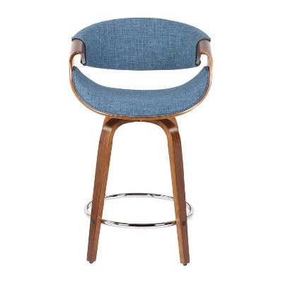 Curvini 20.5'' Walnut Wood and Blue Fabric Swivel Counter Stool - Set of 2
