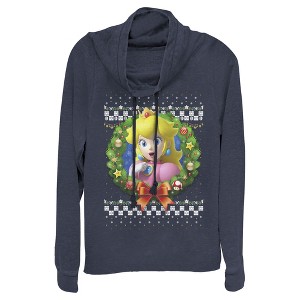 Juniors Womens Nintendo Christmas Peach Wreath Cowl Neck Sweatshirt - 1 of 3