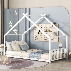 Twin Size Metal House Bed Frame with Roof Design for Kids/Teens Bedroom, Fantasy Design Heavy-duty Montessori Floor Bed, No Box Spring Needed - 1 of 4