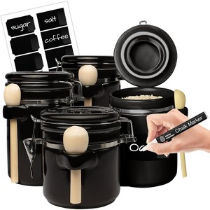 4-Piece Ceramic Kitchen Canisters Set, Airtight Jars with Wooden Spoons Reusable Chalk Labels and Marker for Sugar, Coffee, Flour, Tea - 1 of 4