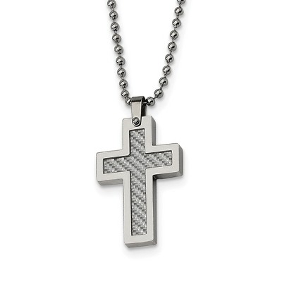 Black Bow Jewelry Stainless Steel and Grey Carbon Fiber Cross Necklace