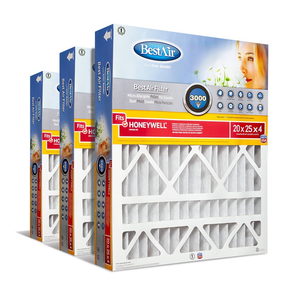 BestAir 3pk 20" x 25" x 4" Honeywell Replacement Air Furnace Filter MERV 13: Electrostatic, EPA Certified, Captures Allergens