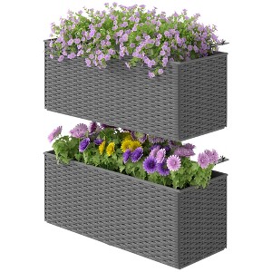 Outsunny Railing Planter Box (2 Pack, 20 Inch), Hanging Flower Pots with Hooks, Drainage Holes for Fence, Balcony, Garden, Patio, Rattan Look - 1 of 4