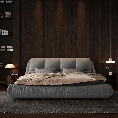 Queen Size Upholstered Bed Frame,Solid Wood Bed Frame,Upholstered Platform Bed With Oversized Padded Backrest, Thickening Bed Slats-Cuddlewood