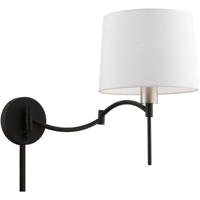 Black and Brushed Nickel Swing Arm Wall Lamp with Off-White Shade