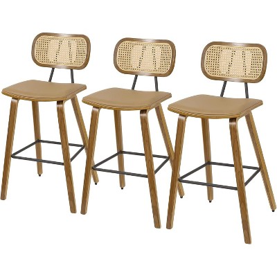Bekrvio 26" Mid Century Modern Counter Height Bar Stools - Rattan Cane Back, Wood, PU Leather Upholstered for Kitchen Island Dining