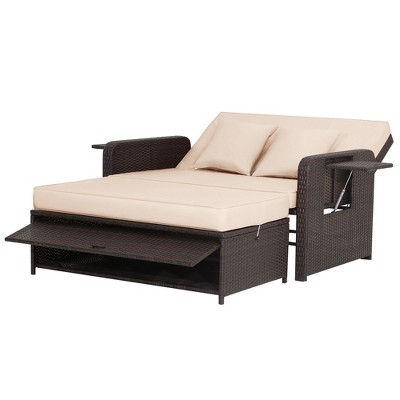Tangkula Rattan Daybed Lounge w/ Retractable Top Canopy Side Tables Cushions Off Patio Beige
