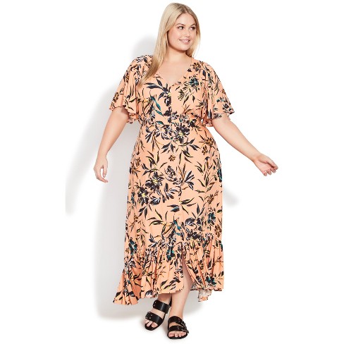 EVANS Women s Plus Size Sasha Flutter Sleeve Maxi Dress peach 20W