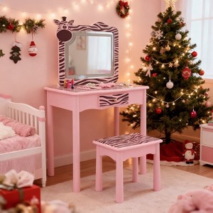 Angel Sar Macaron Pink Zebra Kids Vanity Set with LED Mirror, 3-Color Touch Light Dressing Table with Stool, Children's Makeup Desk, MDF & Wood Legs - 1 of 4
