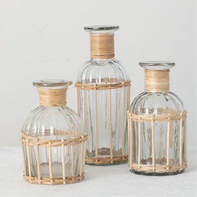 Sullivans Set of 3 Bamboo Trim Glass Bottle Vases 7.5"H, 5.75"H & 5"H Clear