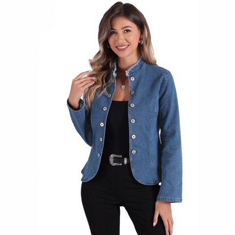 Allegra K Women's Stand Collar Long Sleeve Open Front Distressed Denim Blazer Medium Blue