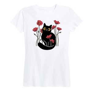 Women's - Instant Message - Black Cat and Poppies Short Sleeve Graphic T-Shirt - 1 of 4