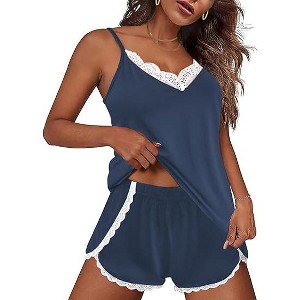 Ekouaer Satin Pajama Set for Women 2 Piece Silky Lingerie Sleepwear Lace Camisole Pj Shorts Set Soft Nightwear - 1 of 4