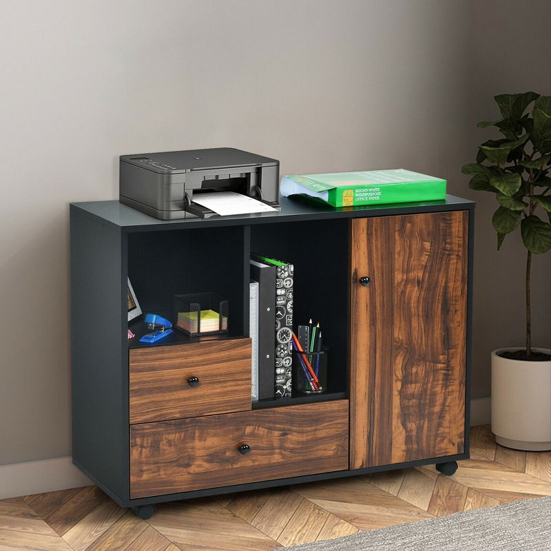 Costway Lateral Mobile Filing Cabinet Large Printer Stand w/2 Drawers Open Shelves Black, 3 of 11