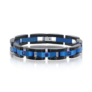 Metallo Mens Stainless Steel Blue & Black Link CZ Bracelet - Blue - 8.5 Inch - 1 of 4