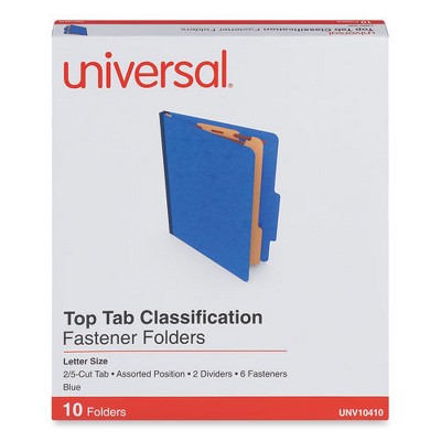 Universal Six-Section Pressboard Classification Folders, 2.5" Expansion, 2 Dividers, 6 Fasteners, Letter Size, Blue, 10/Box