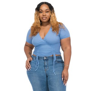 Slickblue Women's Plus Ribbed Drawstring Top, Surplice Neckline with Ruched Detail, Casual Style, Blush/Cloud, 1XL-3XL - 1 of 4