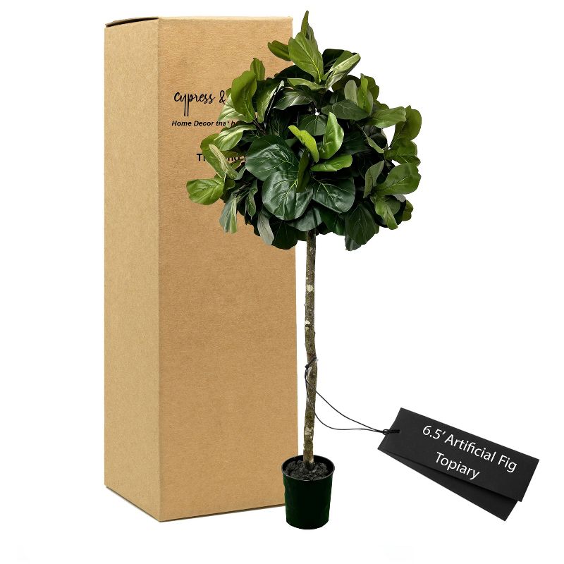 Cypress & Alabaster | Handmade 6.5' Artificial Topiary Fig Tree In Home Basics Starter Pot Made With Real Wood And Moss Accents, 3 of 12