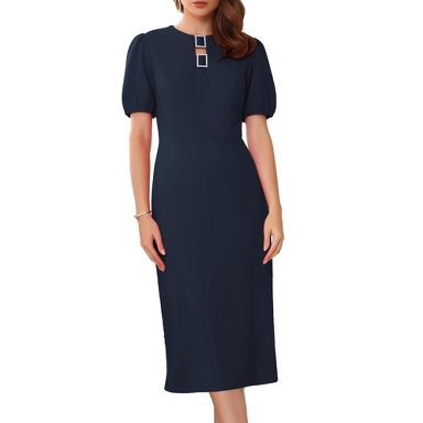 INSPIRE CHIC Women's Puff Sleeve Keyhole Round Neck Elegant Sheath Business Midi Pencil Dress Medium Dark Blue