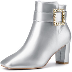 BLISSFUL STEP Women's Square Toe Chunky Heel Rhinestone Buckle Decor Ankle Boots - 1 of 4