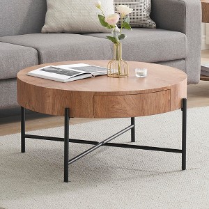 Circle Center Table with 2 Drawers, Farmhouse Round Wood Coffee Table with Storage - 1 of 4