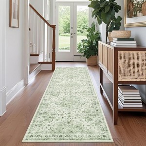 2x6 Green Vintage Floral Runner Rug, Low Pile Non-Slip Washable Carpet for Hallway, Kitchen & Entryway, Soft Printed Mat - 1 of 4