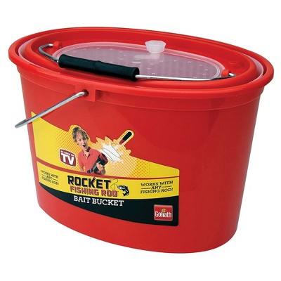 Goliath Durable Plastic Rocket Fishing Rod Bait Bucket with Ventilated Breathing Lid and Plenty of Room for Minnows, Fry, and Leeches, Red