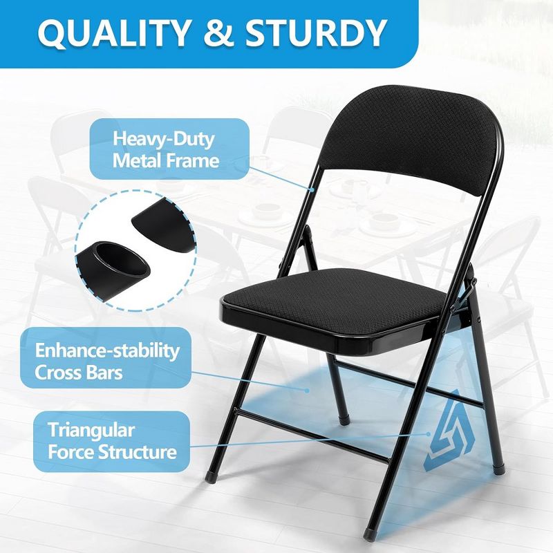 SUGIFT Fabric Padded Folding Chair Portable Dining Chairs Set of 6, Black, 3 of 7
