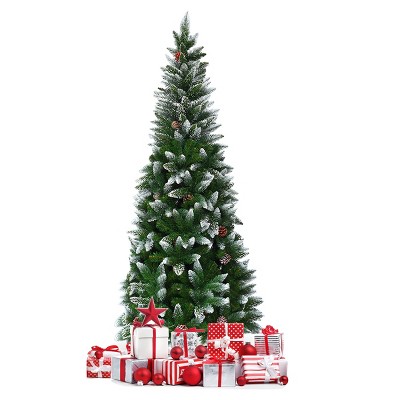 Tangkula 5'Artificial Pencil Christmas Tree Snow Flocked Tree w/ Pine Cones and Metal stand