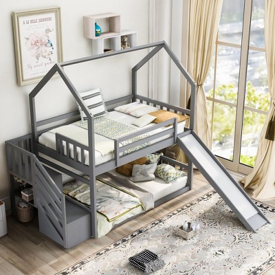 Sapphtopaz Space-Saving Twin over Twin House Bunk Bed for Teens/Adults, Simple Bed Frame with Convertible Slide, Storage Staircase for Bedroom, Gray