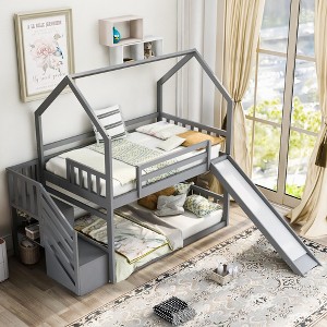 Sapphtopaz Space-Saving Twin over Twin House Bunk Bed for Teens/Adults, Simple Bed Frame with Convertible Slide, Storage Staircase for Bedroom, Gray - 1 of 4