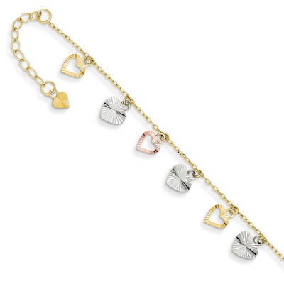 Black Bow Jewelry 14k Tri-Color Gold Adjustable Heart Anklet, 9-10 Inch