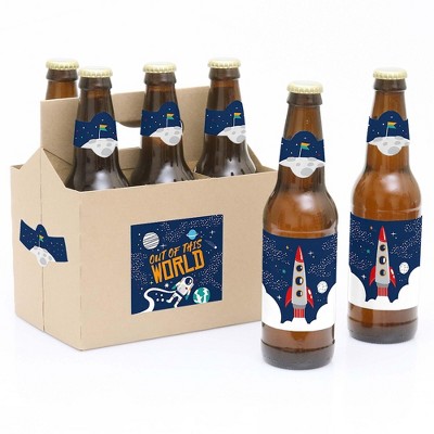 Big Dot of Happiness Blast Off to Outer Space - Rocket Ship Baby Shower or Birthday Party Decorations - 6 Beer Bottle Label Stickers & 1 Carrier