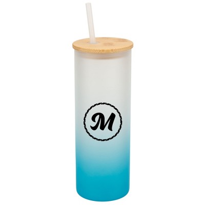 Elanze Designs M Monogram Letter Initial Rope Circle Wrap-Around Design 25 Ounce Frosted Gradient Glass On-The-Go Coffee Travel Skinny Tumbler Mug