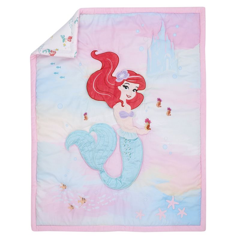 Disney Ariel Watercolor Wishes Aqua, Pink and White 3 Piece Nursery Crib Bedding Set - Comforter, 100% Cotton Fitted Crib Sheet and Crib Skirt, 2 of 9
