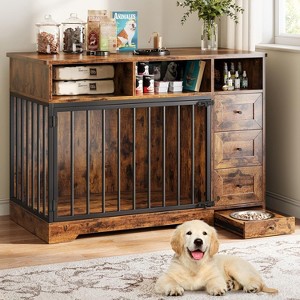 48'' Dog Crate Furniture, Heavy Duty Wooden Dog Kennel with Bowl & Storage Drawers, Indoor End Table for Small Medium Dogs - 1 of 4