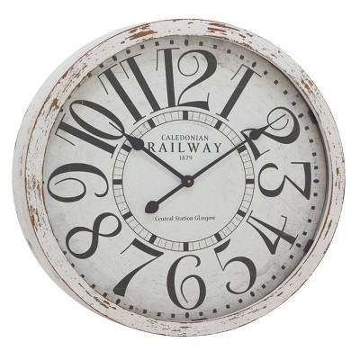 24" x 24" Large Round Railway Wood Wall Clock with Distressed White Wood Rim Black/White - Olivia & May
