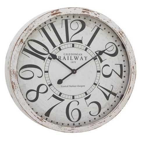 24 X 24 Large Round Railway Wood Wall Clock With Distressed White Wood Rim Black White Olivia May Target