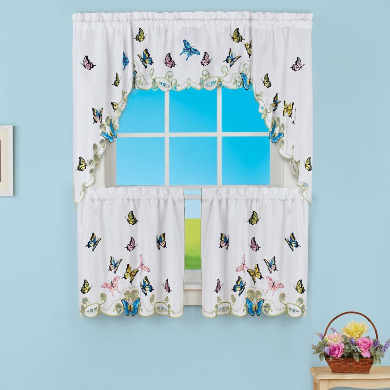 Collections Etc Embroidered Dancing Butterflies & Lavender Window Curtains, 3 of 4