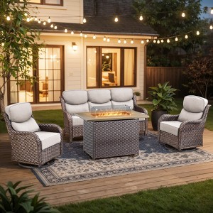 4 Pieces Wicker Outdoor Patio Rattan Sectional Conversation Set with Fire Pit Table and Patio Swivel Glider Chairs Set - 1 of 4