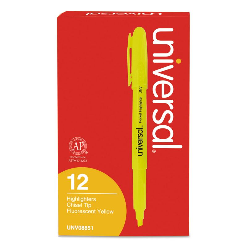 UNIVERSAL Pocket Clip Highlighter Chisel Tip Fluorescent Yellow Ink Dozen 08851, 4 of 9