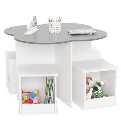 Toddler Table and Chair Set with 4 Storage Stools, Flower Shaped Nesting Design Table with Built-in Pen Holder, Kids Table, Grey & White