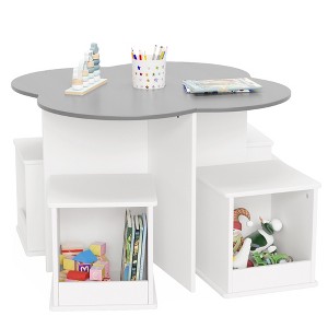 Toddler Table and Chair Set with 4 Storage Stools, Flower Shaped Nesting Design Table with Built-in Pen Holder, Kids Table, Grey & White - 1 of 4