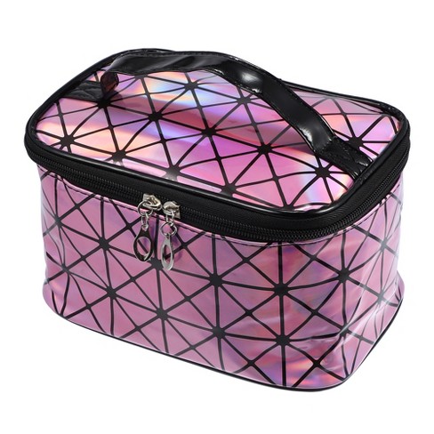 Unique Bargains Rhombus Pattern Red Makeup Bag with Mirror Cosmetic Travel  Bag for Women 1 Pcs Pink