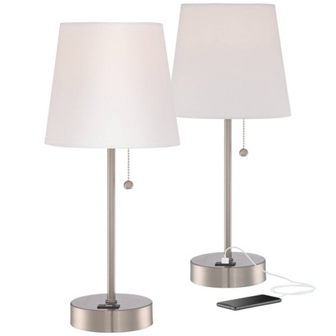 360 Lighting Justin Modern Accent Table Lamps 18 High Set of 2 Silver with  USB Charging Port and Table Top Dimmers White Shade for Bedroom Home Desk
