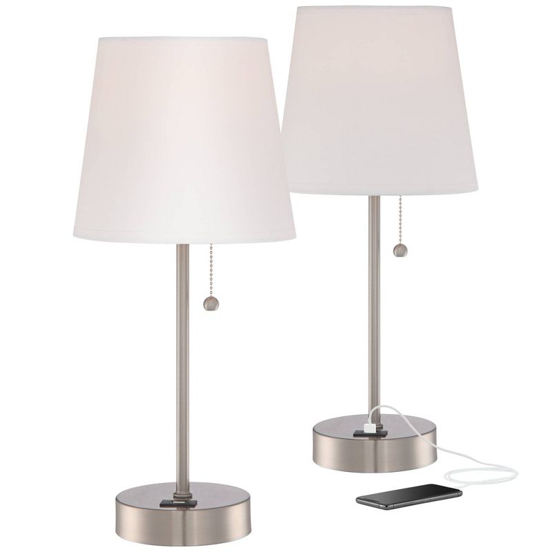 360 Lighting Justin 18" High Small Modern Accent Table Lamps Set of 2 USB Port Pull Chain Silver Finish Metal White Shade Living Room Charging Bedroom, 1 of 11