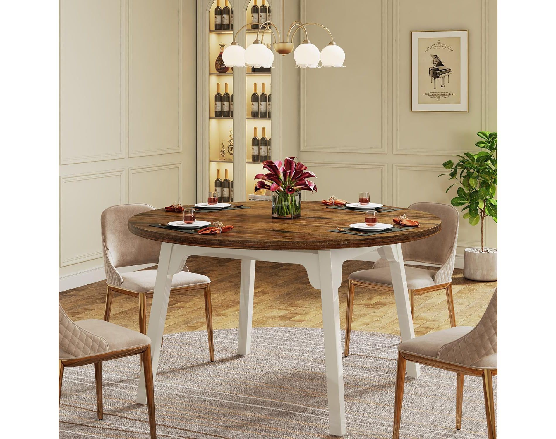 Tribesigns Round Dining Table for 4-6 People, 47" Kitchen Dinner Table With Solid Wood Legs for Kitchen, Brown & White