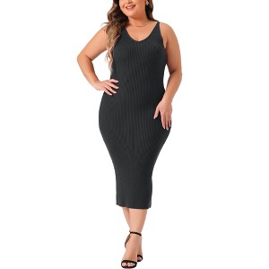 Agnes Orinda Women's Plus Size V Neck Sleeveless Ribbed Knit Back Slit Midi Cami Bodycon Sweater Dresses - 1 of 4