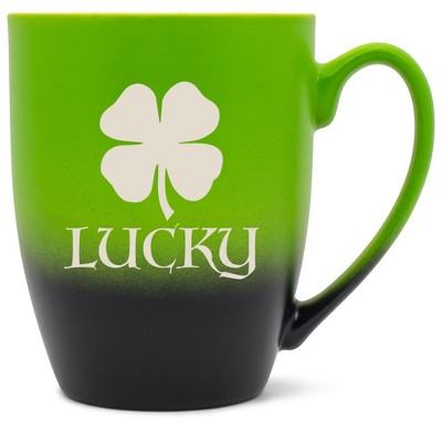 100 North Four Leaf Clover 10 Ounce Green and Black Two Toned Ombre, Comfortably Fits Your Hands, Ceramic Tea Coffee Cup Mug, Lucky