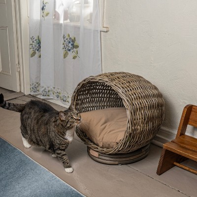 Kubu Gray Handwoven Rattan Dome Cat Bed with Cushion